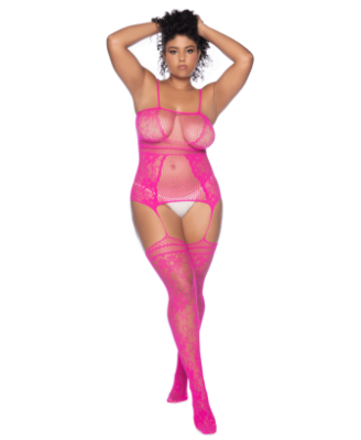 Combinaison grande taille en résille rose 